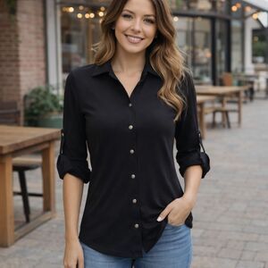 Pure Amici Black Bamboo Button Front Blouse Roll Tab Sleeve XS NWT
